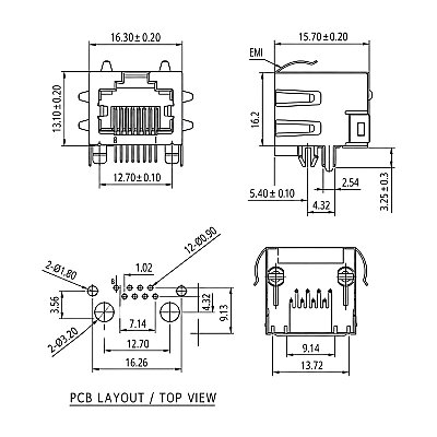 RJ45 8P8C 90° Female Ethernet Connector - PCB Type - 3
