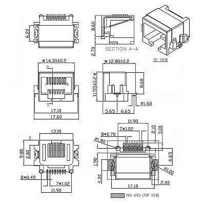 RJ45 8P8C SMT Dişi Yarı Plastik Ethernet Konnektörü - 3