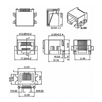 RJ45 8P8C SMT Female Plastic Ethernet Connector - 3