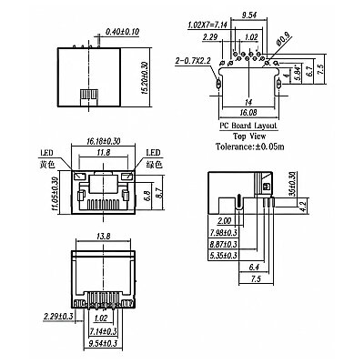 RJ45 SP32 8P8C 90° Female Ethernet Connector - PCB Type - 3