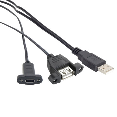USB 2.0 Male to USB Type-A Female + Type-C Female Panel Type Extension Cable - 1.5 Meters - 1