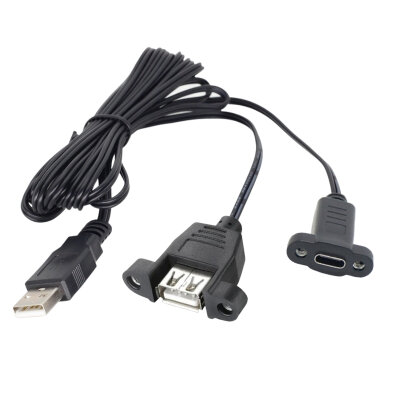 USB 2.0 Male to USB Type-A Female + Type-C Female Panel Type Extension Cable - 1.5 Meters - 2