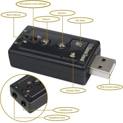 USB 7.1 Channel Headphone + Microphone Sound Card - 2
