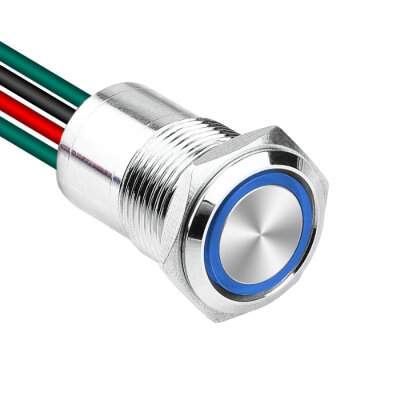 WD16D1-P2-E 16mm Düz Yaylı Işıklı Kablolu Metal Buton - Mavi - 1
