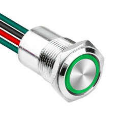 WD16D1-P2-E 16mm Flat Spring Illuminated Metal Button with Cable - Green