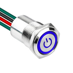 WD16D1-P2-EC 16mm Flat Spring Illuminated Metal Button with Power Cable - Blue