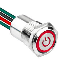 WD16D1-P2-EC 16mm Flat Spring Illuminated Metal Button with Power Cable - Red