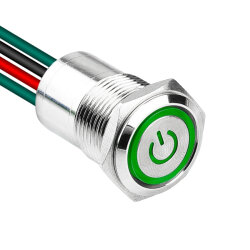 WD16D1-P2Z-EC 16mm Düz Anahtarlı Işıklı Power Kablolu Metal Buton - Yeşil