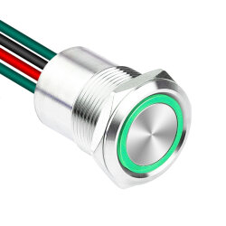 WD19D1-P2-E 19mm Flat Spring Illuminated Metal Button with Cable - Green