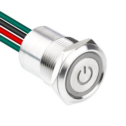 WD19D1-P2-EC 19mm Düz Yaylı Işıklı Power Kablolu Metal Buton - Beyaz