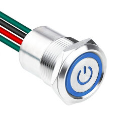 WD19D1-P2-EC 19mm Flat Spring Illuminated Metal Button with Power Cable - Blue