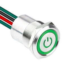 WD19D1-P2-EC 19mm Flat Spring Illuminated Metal Button with Power Cable - Green