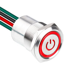 WD19D1-P2-EC 19mm Flat Spring Illuminated Metal Button with Power Cable - Red