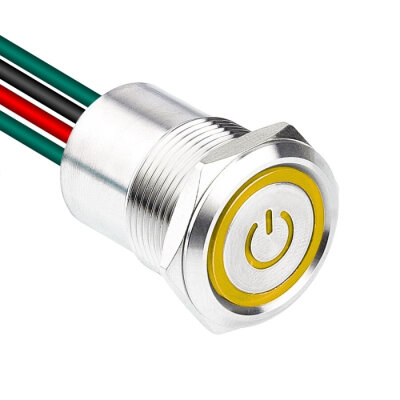 WD19D1-P2-EC 19mm Flat Spring Illuminated Metal Button with Power Cable - Yellow - 1
