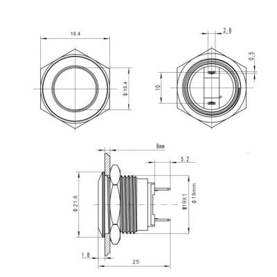 WD19H-P1 19mm Flat Momentary Metal Button - 2