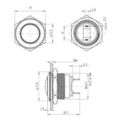WD19H-Q1 19mm Bombeli Yaylı Metal Buton - 3