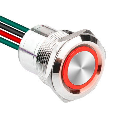 WD22D1-P2-E 22mm Düz Yaylı Işıklı Kablolu Metal Buton - Kırmızı - 1