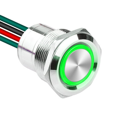 WD22D1-P2-E 22mm Düz Yaylı Işıklı Kablolu Metal Buton - Yeşil - 1