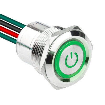 WD22D1-P2-EC 22mm Düz Yaylı Işıklı Power Kablolu Metal Buton - Yeşil - 1
