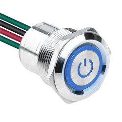 WD22D1-P2-EC 22mm Flat Spring Illuminated Metal Button with Power Cable - Blue